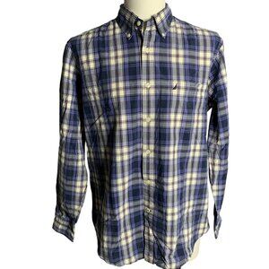 Nautica Button Down Long Sleeve Shirt M Blue Plaid Sanded Poplin Pocket Cotton